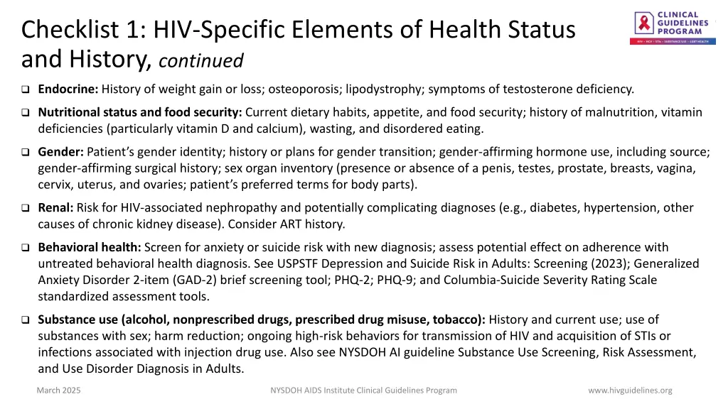 checklist 1 hiv specific elements of health 1