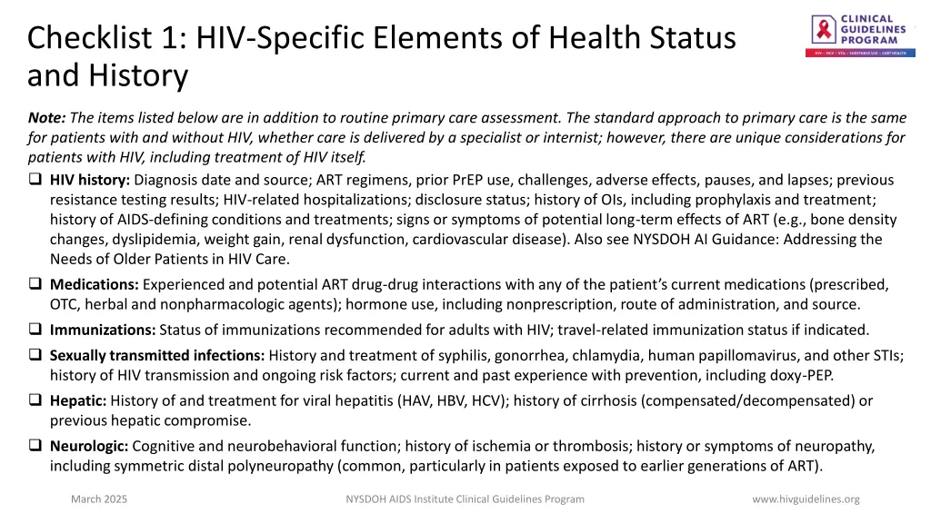 checklist 1 hiv specific elements of health