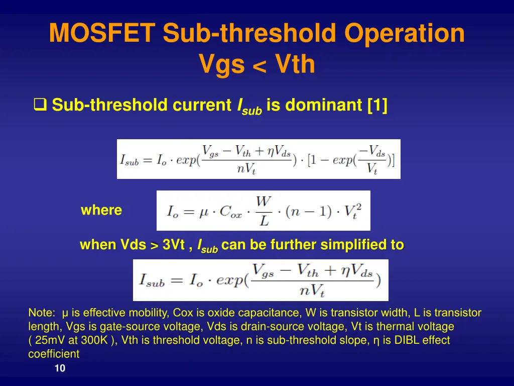 mosfet sub threshold operation vgs vth 1