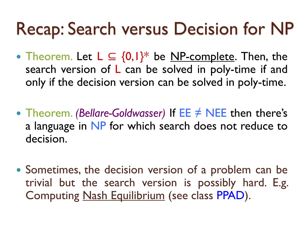 recap search versus decision for np