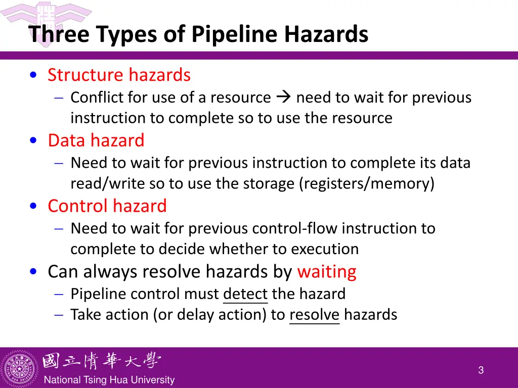 three types of pipeline hazards