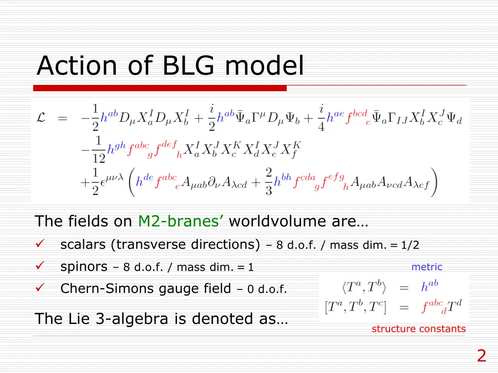 action of blg model