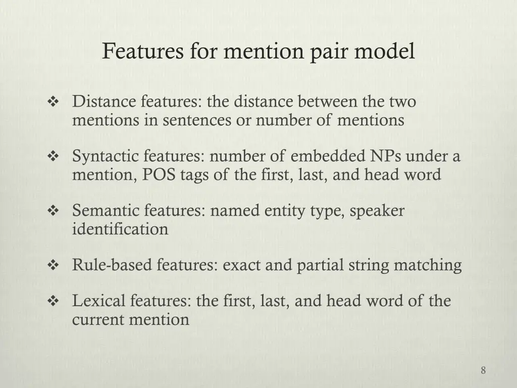 features for mention pair model