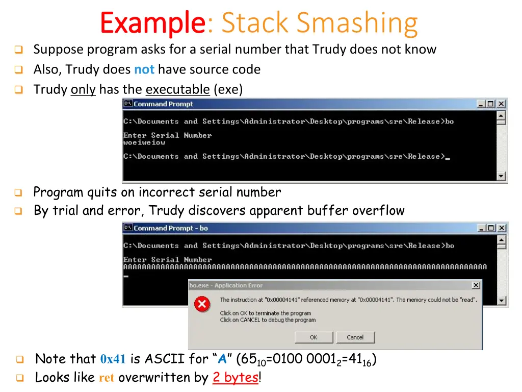 example example stack smashing suppose program