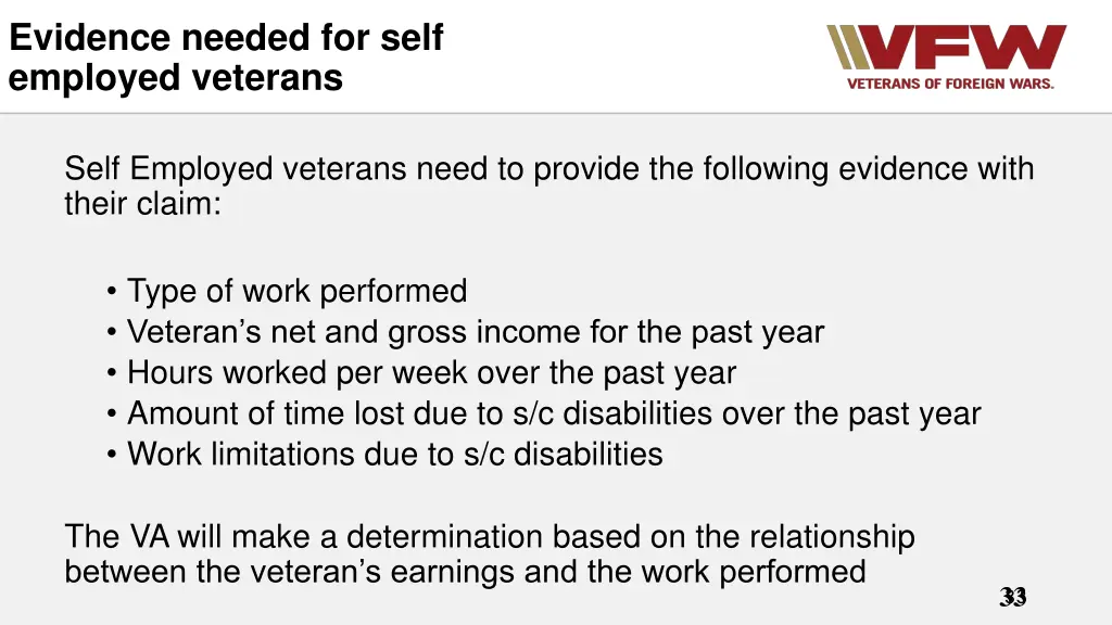 evidence needed for self employed veterans