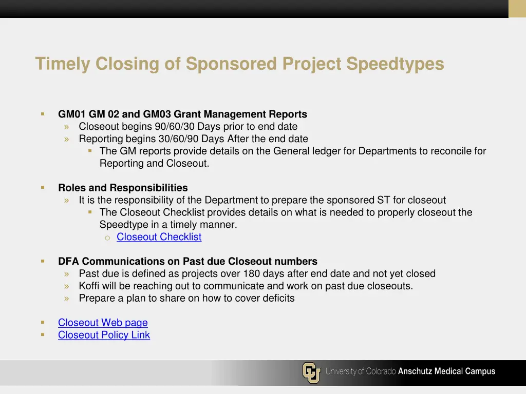 timely closing of sponsored project speedtypes