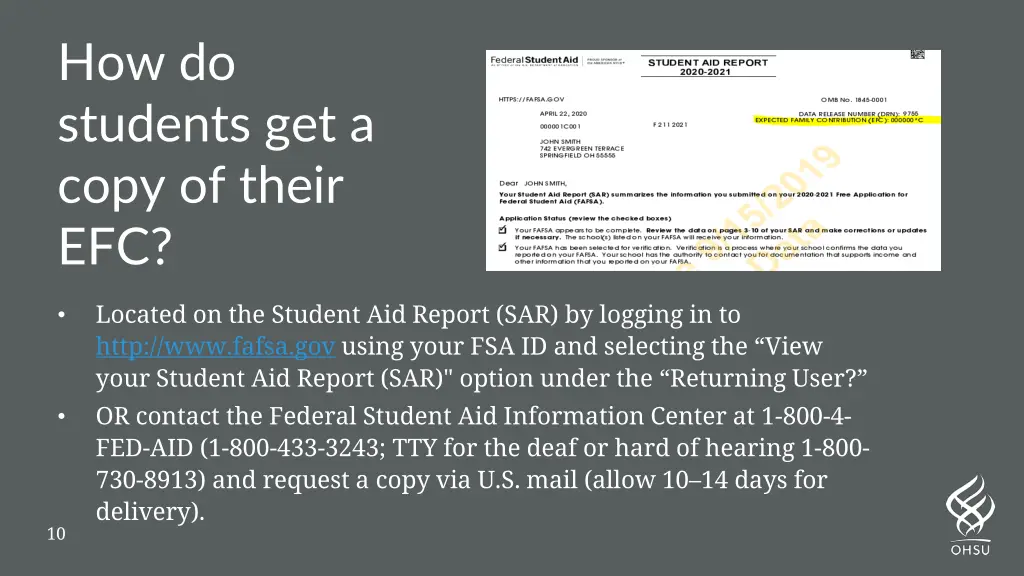 how do students get a copy of their efc