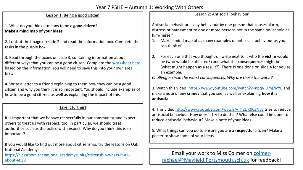 year 7 pshe autumn 1 working with others