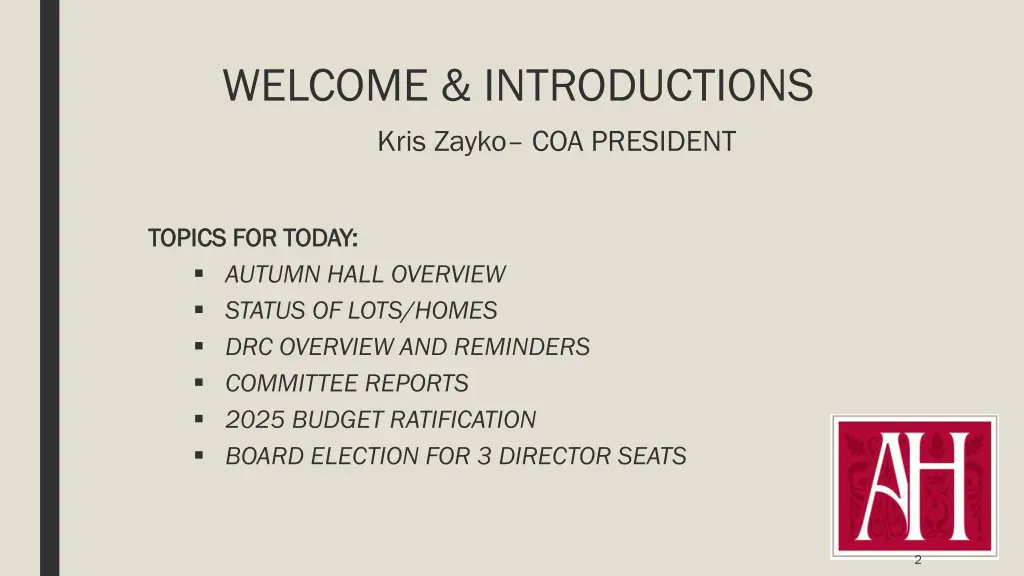 welcome introductions kris zayko coa president