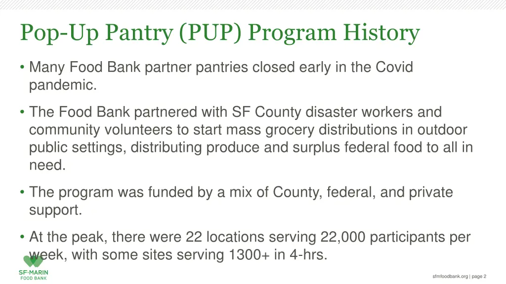 pop up pantry pup program history