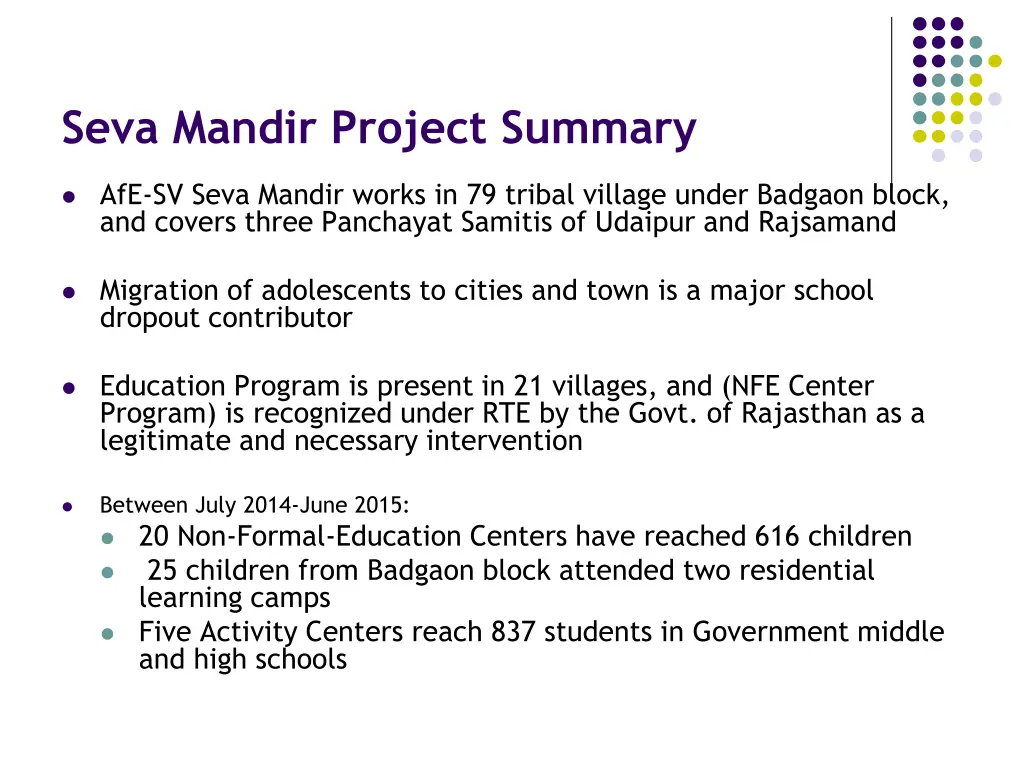 seva mandir project summary 1