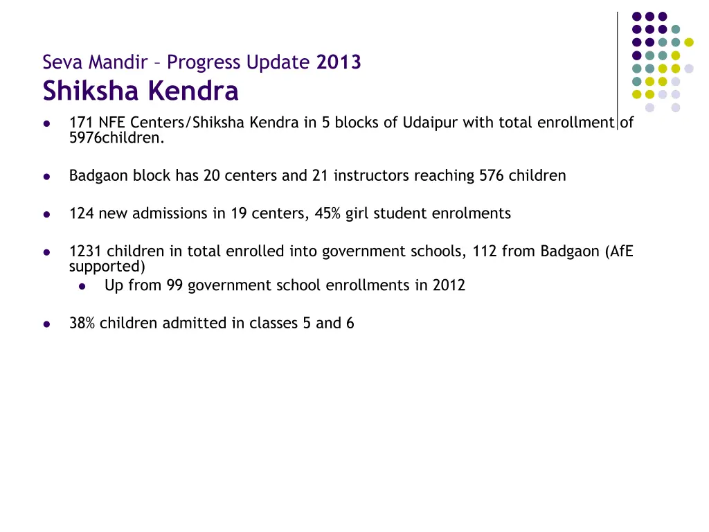seva mandir progress update 2013 shiksha kendra