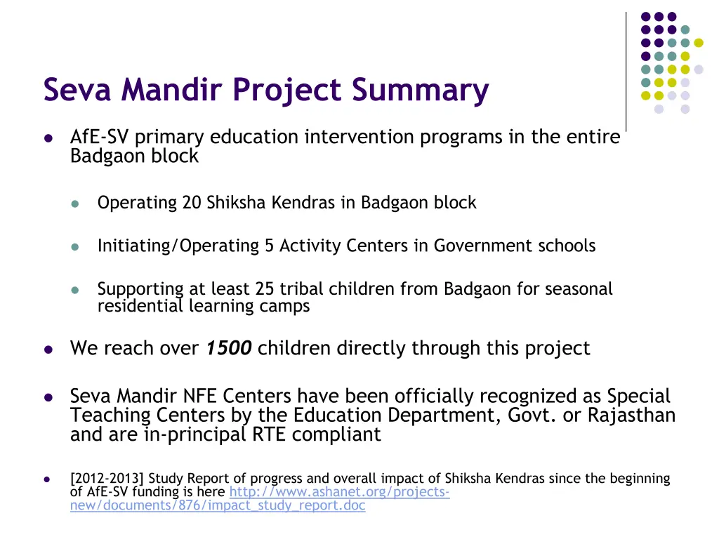 seva mandir project summary