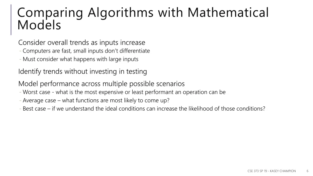 comparing algorithms with mathematical models