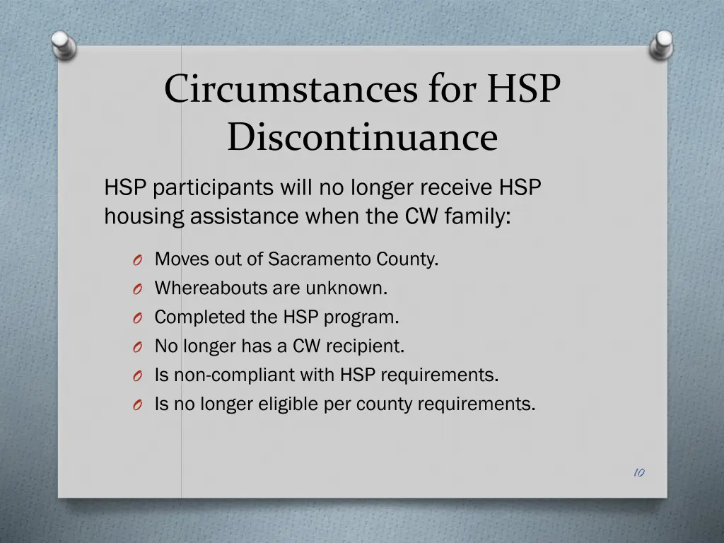 circumstances for hsp discontinuance