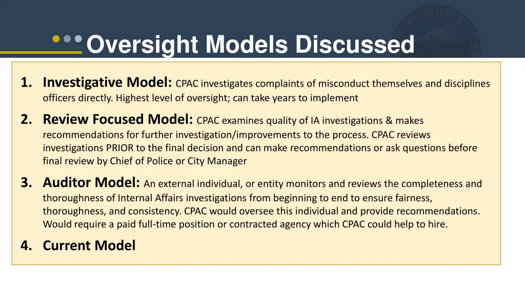 oversight models discussed