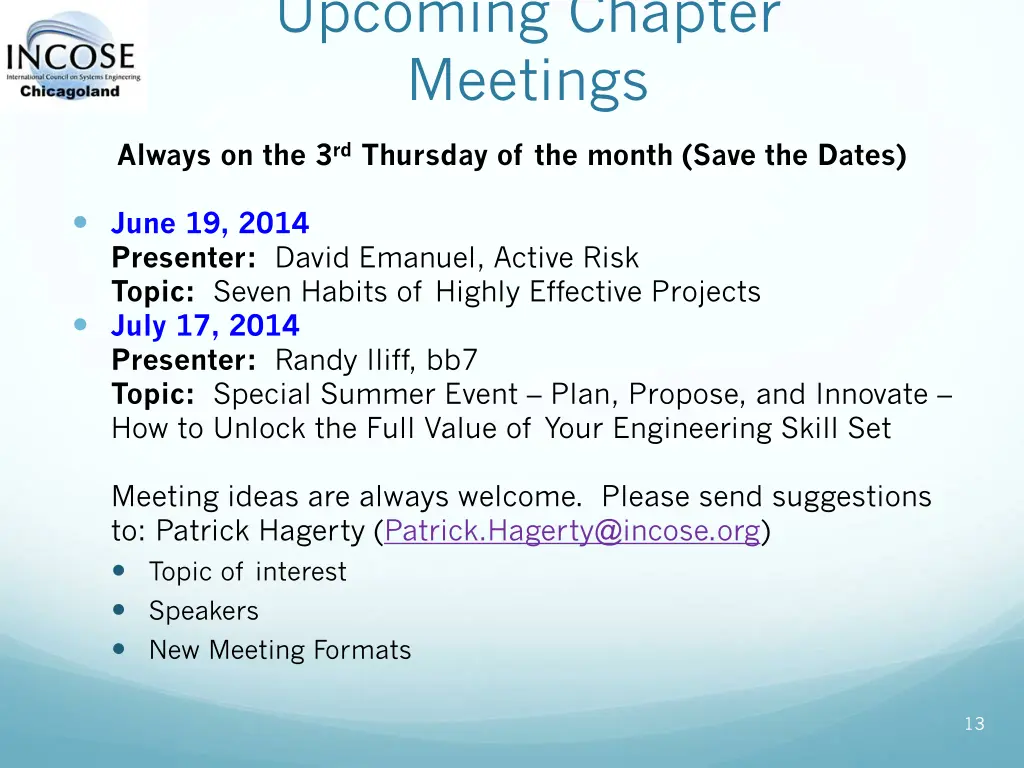 upcoming chapter meetings