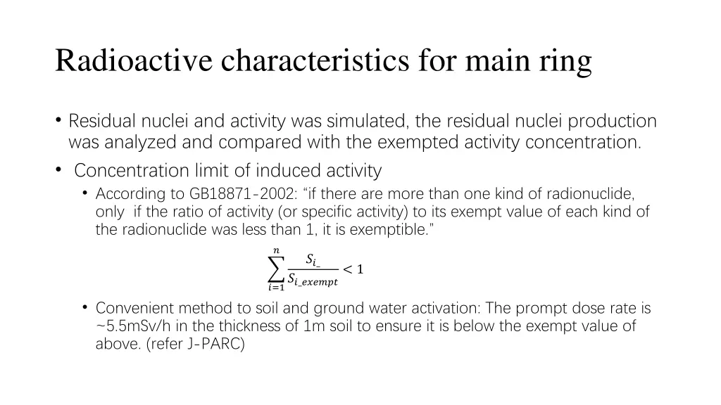 radioactive characteristics for main ring