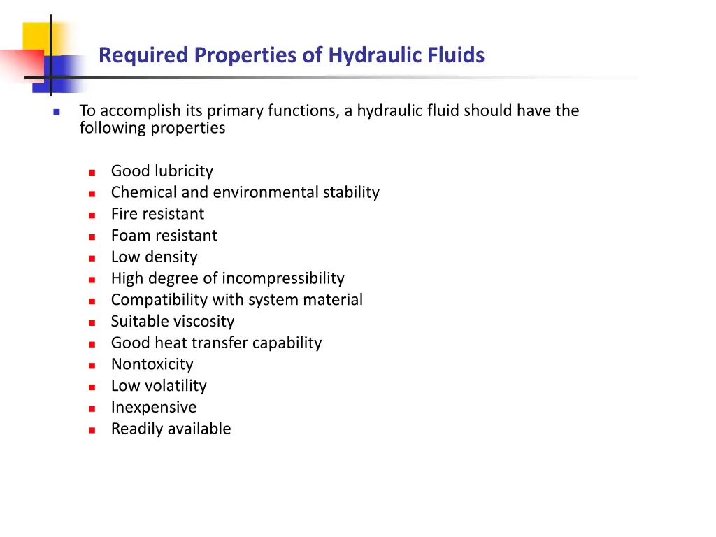 required properties of hydraulic fluids