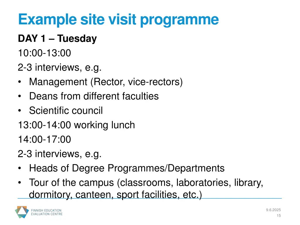 example site visit programme day 1 tuesday