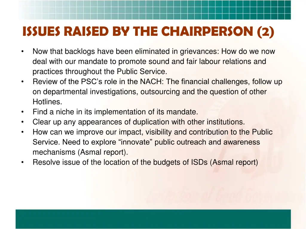issues raised by the chairperson 2