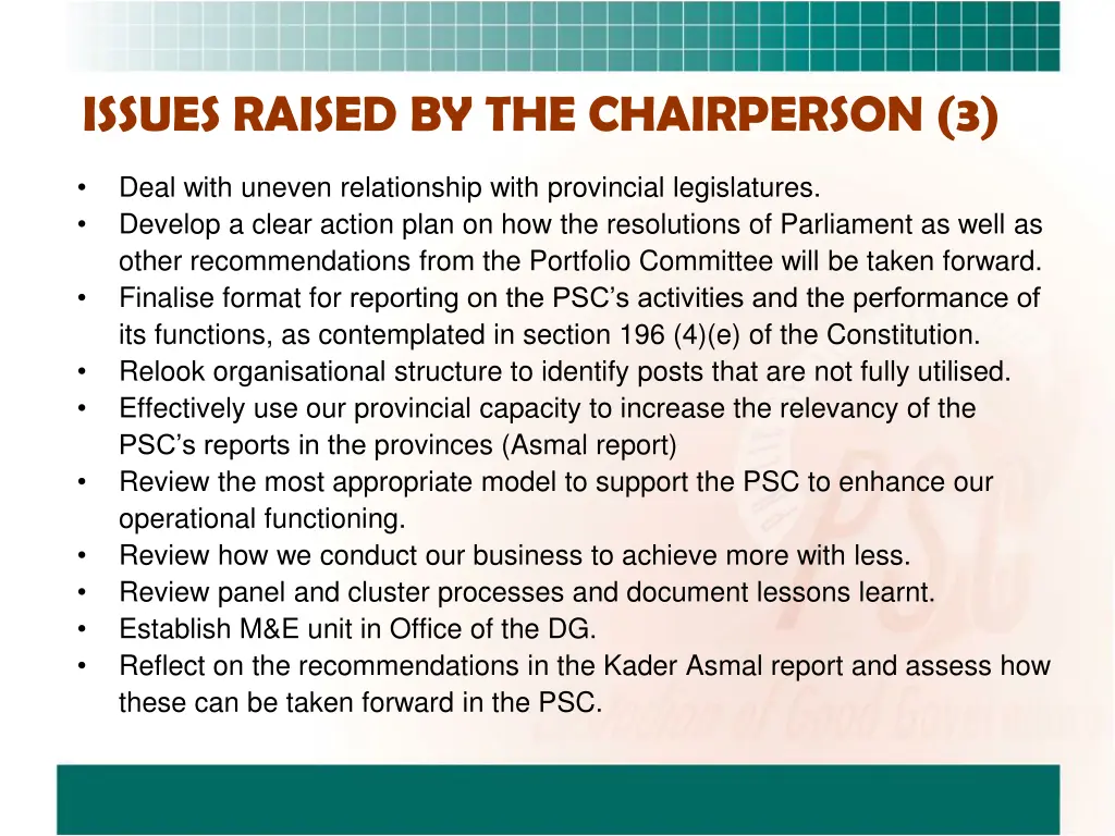 issues raised by the chairperson 3