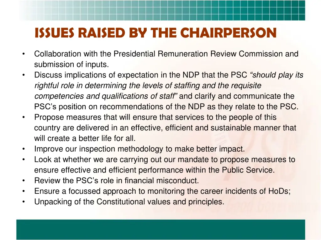issues raised by the chairperson