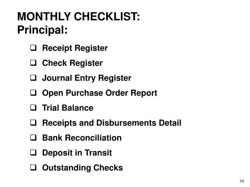 monthly checklist principal