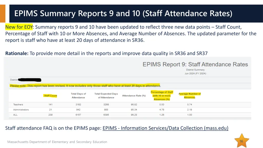 epims summary reports 9 and 10 staff attendance
