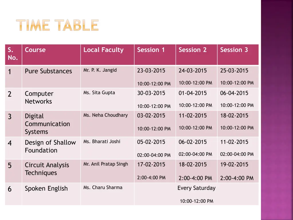 time table
