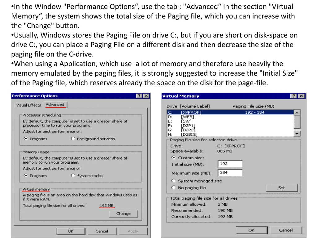 in the window performance options
