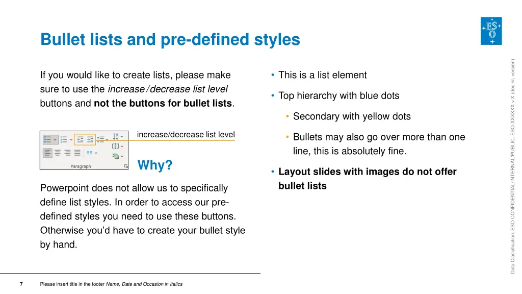 bullet lists and pre defined styles