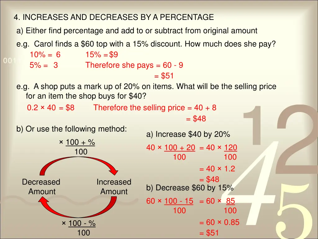 4 increases and decreases by a percentage