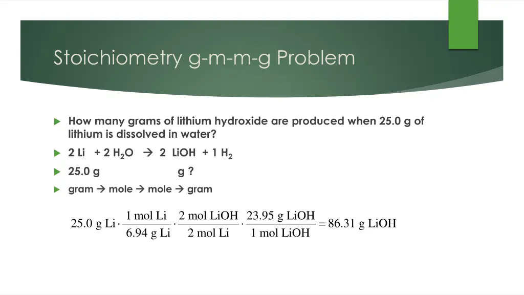 stoichiometry g m m g problem