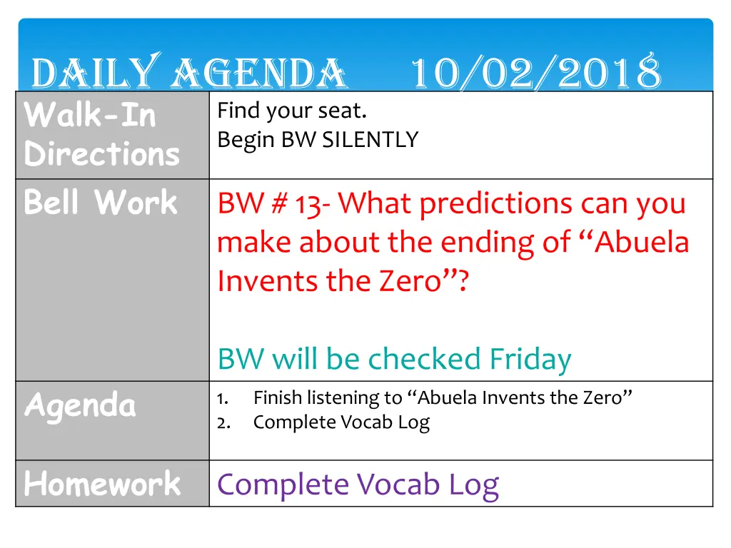 daily agenda 10 02 2018