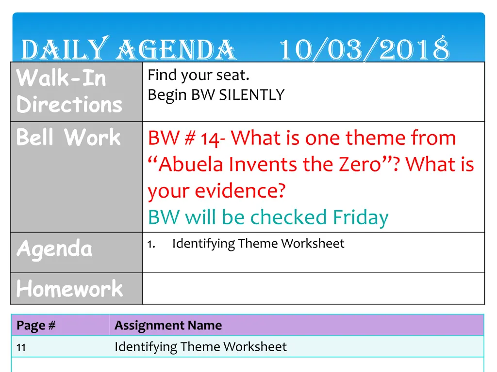 daily agenda 10 03 2018