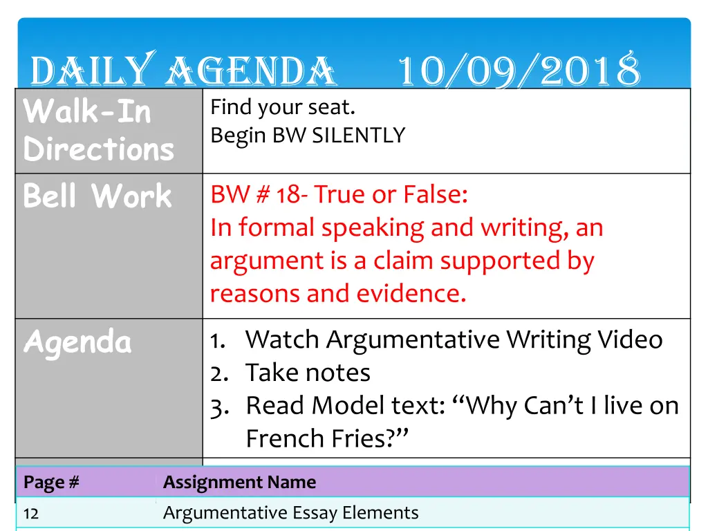 daily agenda 10 09 2018