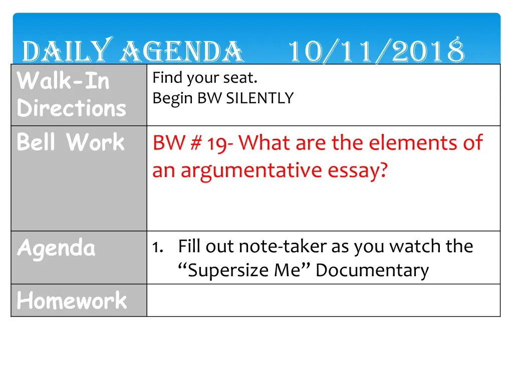 daily agenda 10 11 2018