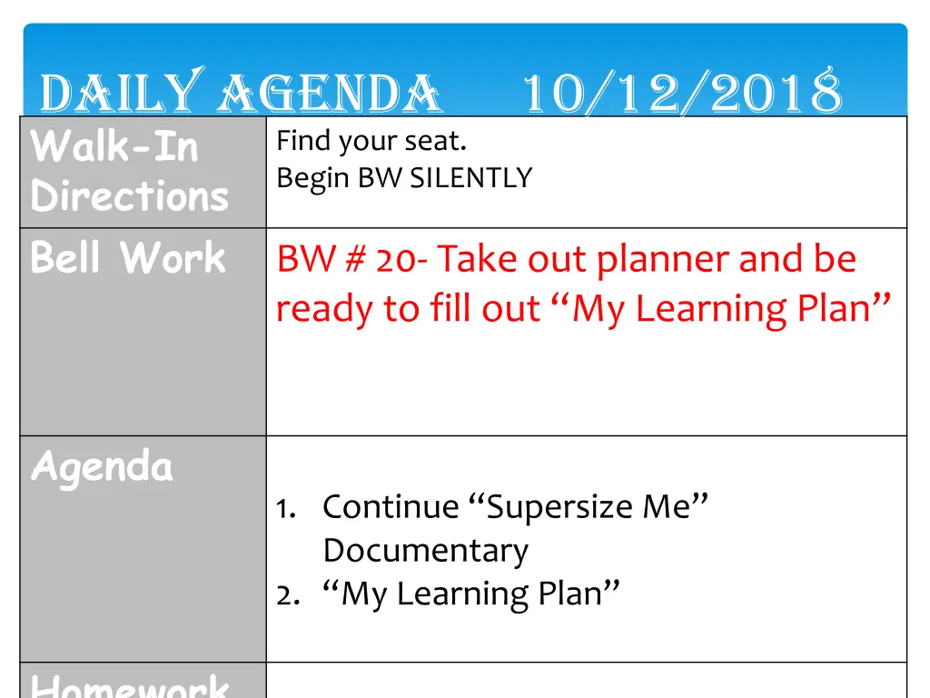 daily agenda 10 12 2018