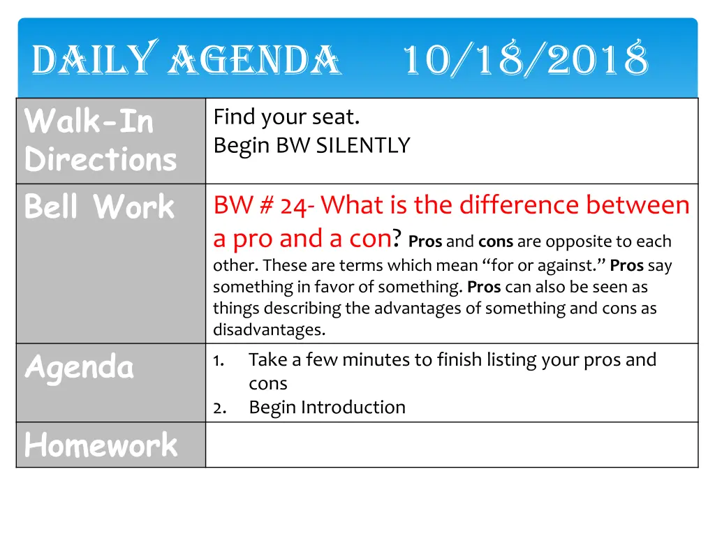 daily agenda 10 18 2018