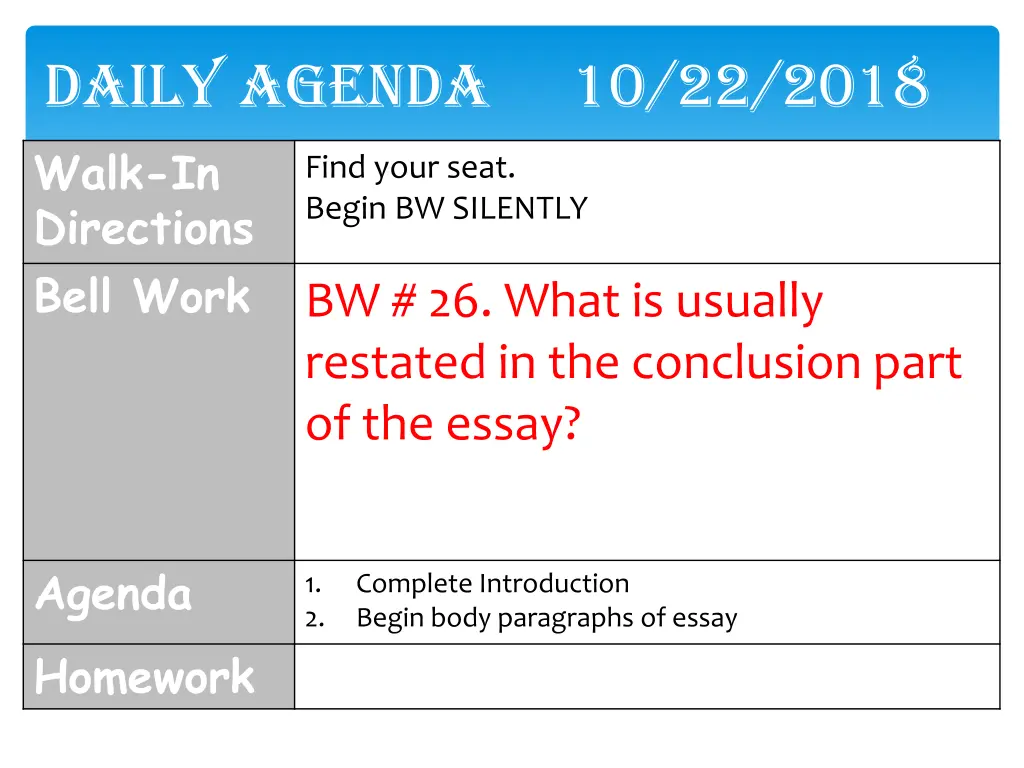 daily agenda 10 22 2018
