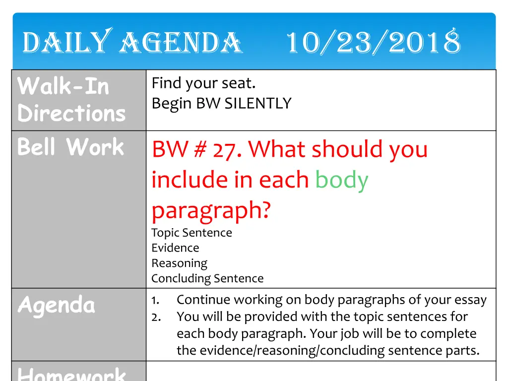 daily agenda 10 23 2018
