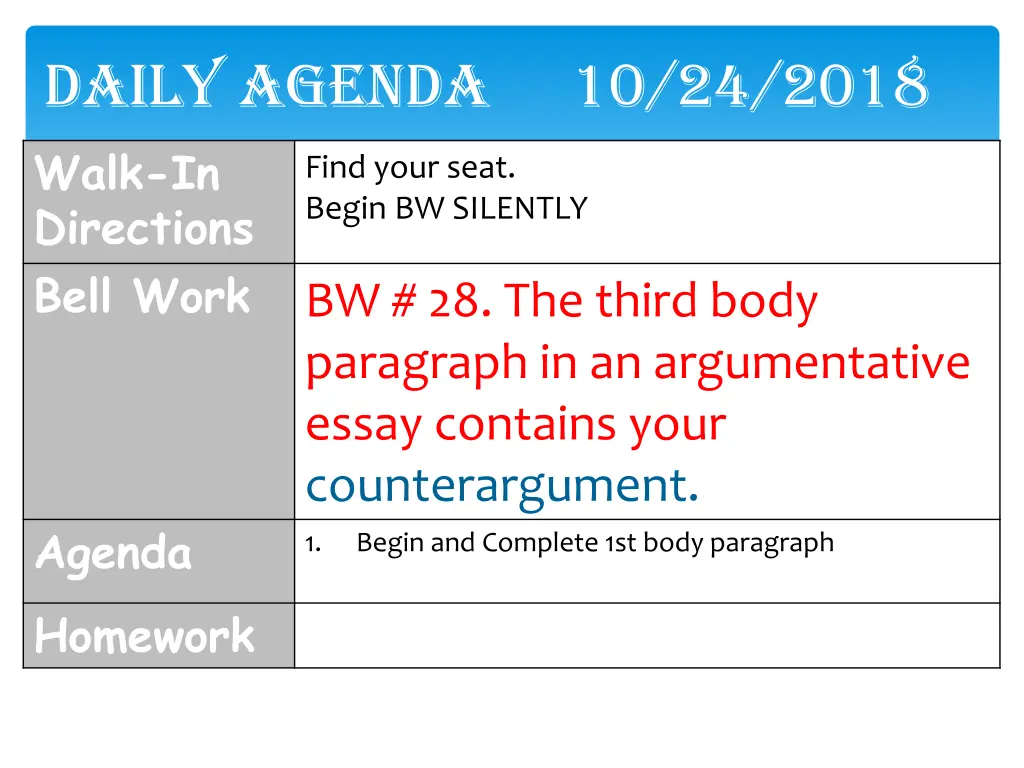 daily agenda 10 24 2018