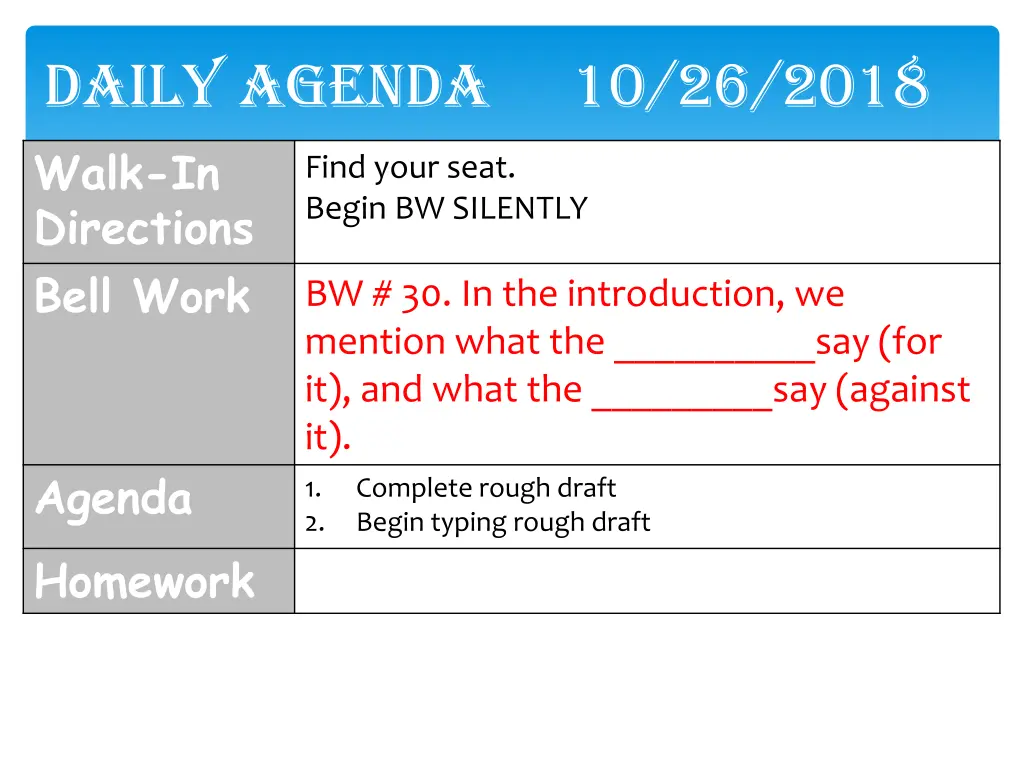 daily agenda 10 26 2018