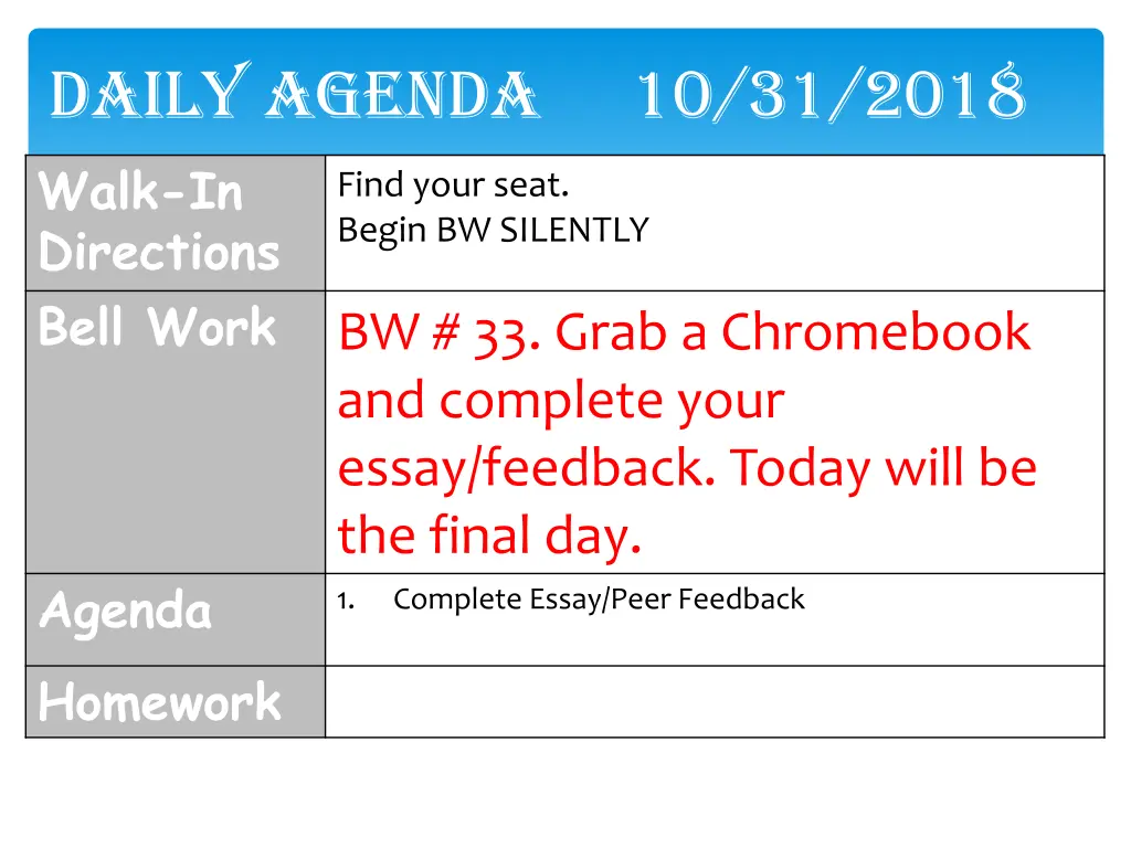 daily agenda 10 31 2018