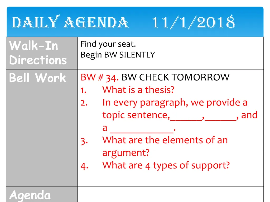 daily agenda 11 1 2018