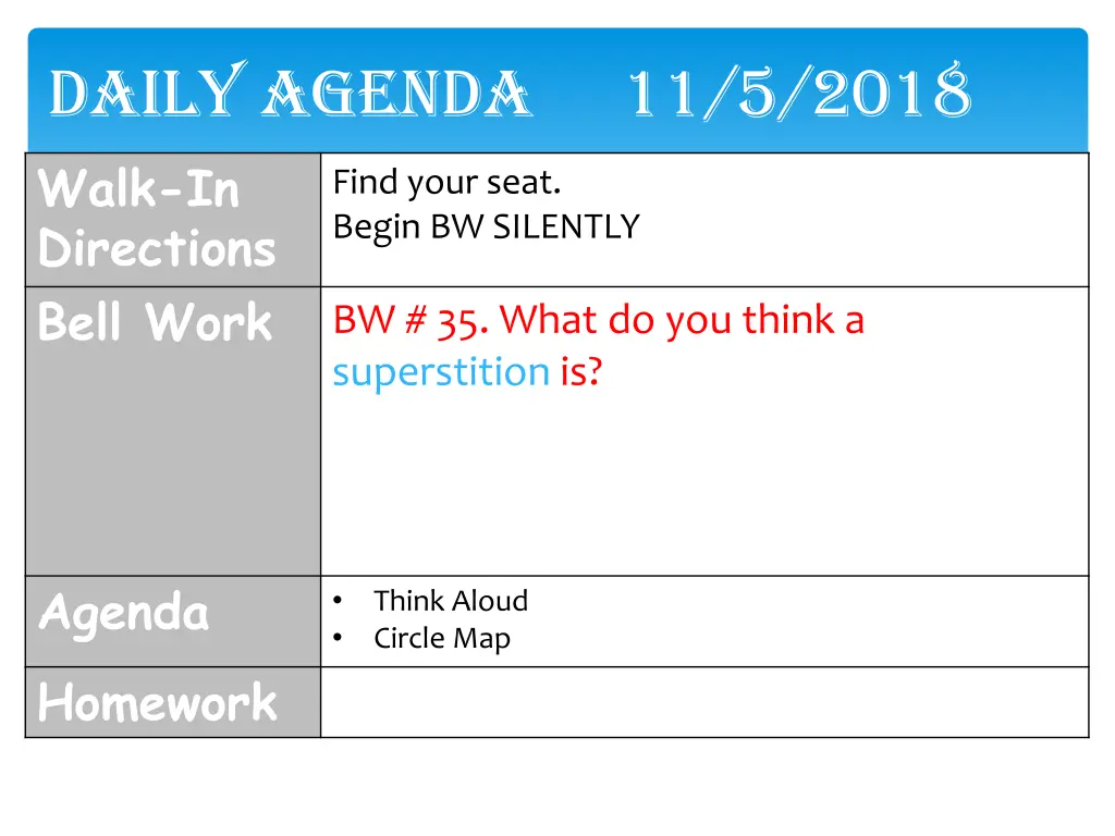 daily agenda 11 5 2018