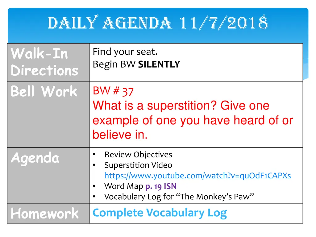 daily agenda 11 7 2018