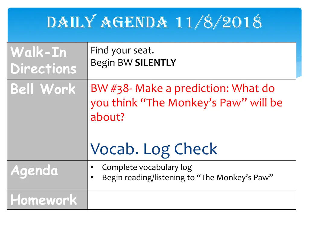daily agenda 11 8 2018