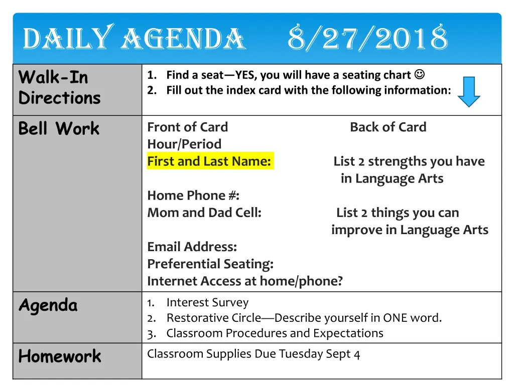 daily agenda 8 27 2018 walk in directions bell